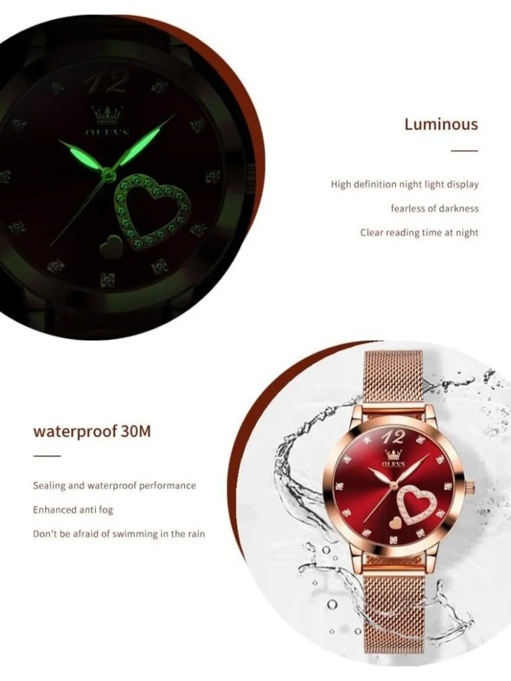 Women's Red Mesh Strap Fashion Dress Hearts Quartz Bracelet Sets Ladies Watch